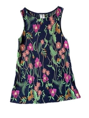 Anthropologie Navy Floral Embroidered Tank with Pink & Green Blooms